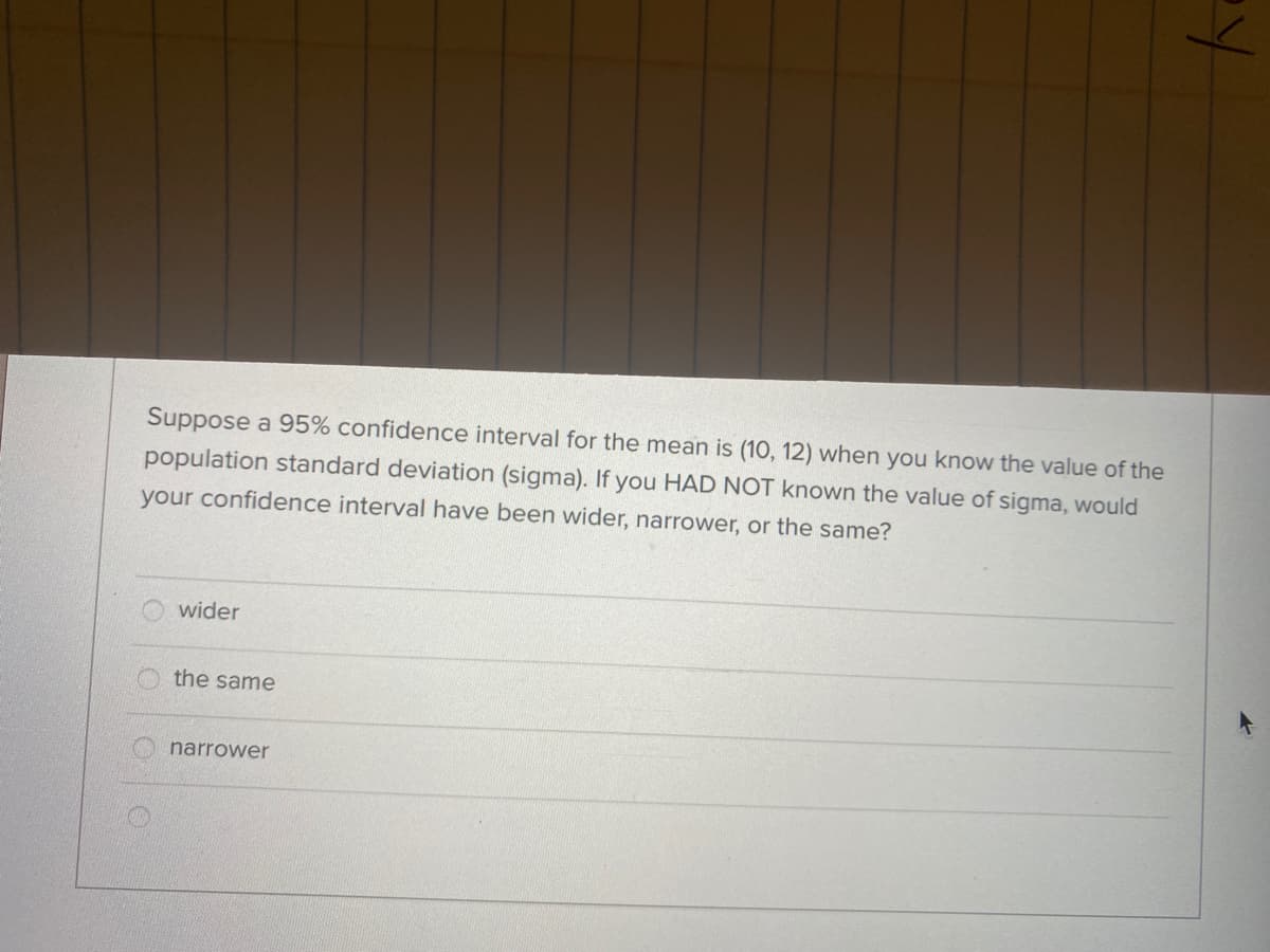 Suppose a 95% confidence interval for the mean is (10, 12) when you know the value of the
population standard deviation (sigma). If you HAD NOT known the value of sigma, would
your confidence interval have been wider, narrower, or the same?
wider
the same
narrower
