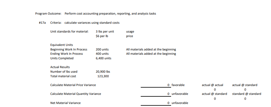 Program Outcome: Perform cost accounting preparation, reporting, and analysis tasks
# 17a Criteria: calculate variances using standard costs
Unit standards for material:
3 lbs per unit
$6 per lb
Equivalent Units
Beginning Work In Process
Ending Work In Process
Units Completed
Actual Results
Number of lbs used
Total material cost
200 units
400 units
6,400 units
20,900 lbs
123,300
Calculate Material Price Variance
Net Material Variance
Calculate Material Quantity Variance
usage
price
All materials added at the beginning
All materials added at the beginning
O favorable
0 unfavorable
O unfavorable
actual @ actual
0
actual @ standard
0
actual @ standard
0
standard @ standard
0