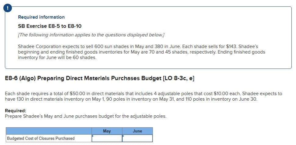 Required information
SB Exercise E8-5 to E8-10
[The following information applies to the questions displayed below.]
Shadee Corporation expects to sell 600 sun shades in May and 380 in June. Each shade sells for $143. Shadee's
beginning and ending finished goods inventories for May are 70 and 45 shades, respectively. Ending finished goods
inventory for June will be 60 shades.
E8-6 (Algo) Preparing Direct Materials Purchases Budget [LO 8-3c, e]
Each shade requires a total of $50.00 in direct materials that includes 4 adjustable poles that cost $10.00 each. Shadee expects to
have 130 in direct materials inventory on May 1, 90 poles in inventory on May 31, and 110 poles in inventory on June 30.
Required:
Prepare Shadee's May and June purchases budget for the adjustable poles.
Budgeted Cost of Closures Purchased
May
June