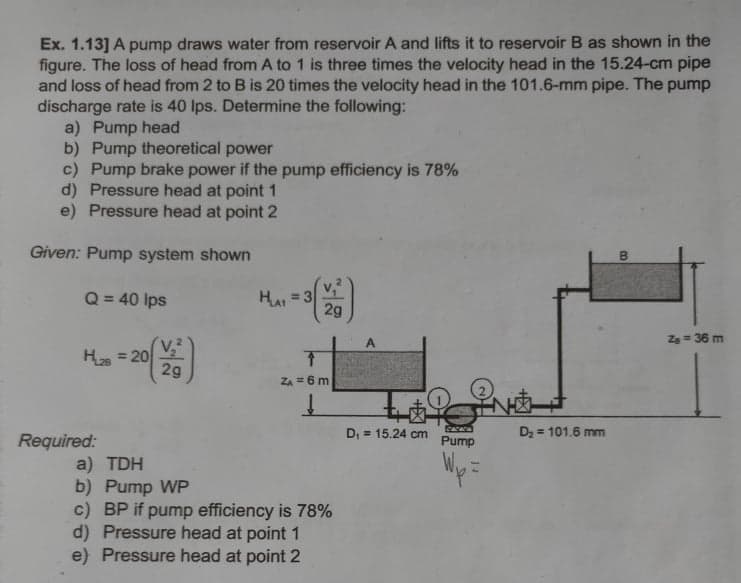 Ex. 1.13] A pump draws water from reservoir A and lifts it to reservoir B as shown in the
figure. The loss of head from A to 1 is three times the velocity head in the 15.24-cm pipe
and loss of head from 2 to B is 20 times the velocity head in the 101.6-mm pipe. The pump
discharge rate is 40 Ips. Determine the following:
a) Pump head
b) Pump theoretical power
c) Pump brake power if the pump efficiency is 78%
d) Pressure head at point 1
e) Pressure head at point 2
Given: Pump system shown
Q = 40 Ips
HA = 3
%3D
2g
Zg = 36 m
H = 20
29
%3D
ZA = 6 m
D; = 15.24 cm
Dz = 101.6 mm
Required:
Pump
We
a) TDH
b) Pump WP
c) BP if pump efficiency is 78%
d) Pressure head at point 1
e) Pressure head at point 2
