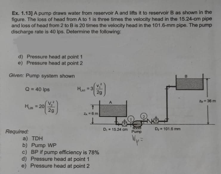 Ex. 1.13] A pump draws water from reservoir A and lifts it to reservoir B as shown in the
figure. The loss of head from A to 1 is three times the velocity head in the 15.24-cm pipe
and loss of head from 2 to B is 20 times the velocity head in the 101.6-mm pipe. The pump
discharge rate is 40 Ips. Determine the following:
d) Pressure head at point 1
e) Pressure head at point 2
Given: Pump system shown
Q = 40 Ips
HA
= 3
29
Zg = 36 m
H = 20
29
%3D
ZA = 6 m
D; = 15.24 cm
Dz = 101.6 mm
Required:
Pump
We
a) TDH
b) Pump WP
c) BP if pump efficiency is 78%
d) Pressure head at point 1
e) Pressure head at point 2
