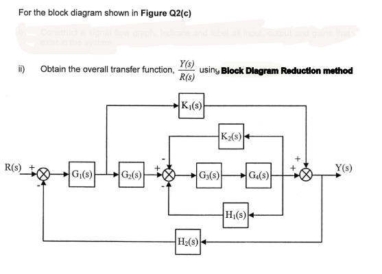 For the block diagram shown in Figure Q2(c)
Y(s)
i)
Obtain the overall transfer function,
usiny Block Dlagram Reduction method
R(s)
K;(s)
K2(s)
Y(s)
R(s)
G(s)
G2(s)
G3(s)
G4(s)
H(s)
H2(s)
