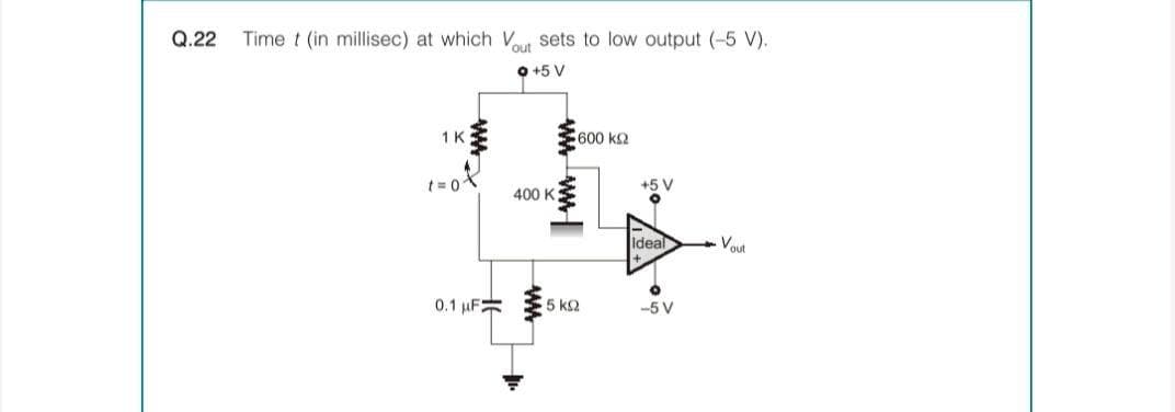 Q.22
Time t (in millisec) at which Vt sets to low output (-5 V).
out
O +5 V
1K
600 k2
+5 V
400 K
Ideal
Vout
0.1 uF
5 k2
-5 V
ww ww
