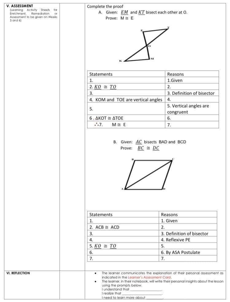 V. ASSESSMENT
(Learning Activity Sheeh
Ervichment,
Assessment to be given on Weeks
3 and 6)
Complete the proof
A. Given: EM and KT bisect each other at O.
Prove: M E
tor
Remediation
or
Statements
Reasons
1.
1.Given
2. KO = TO
2.
3.
3. Definition of bisector
4. KOM and TOE are vertical angles 4.
5. Vertical angles are
5.
congruent
6. ΔΚΟΤ ΔΤΟΕ
M= E
6.
7.
7.
B. Given: AC bisects BAD and BCD
Prove: BC = DC
Statements
Reasons
1.
1. Given
2. ACB E ACD
2.
3.
3. Definition of bisector
4.
4. Reflexive PE
5. KO = TO
5.
6.
6. By ASA Postulate
7.
7.
VI. REFLECTION
The learner communicates the explanation of their persanal assessment as
indicated in the Learner's Assessment Card.
The learner, in their notebook, will write their persorial insights about the lesson
using the prompts below.
T understand that
Trealize that
Ineed to learn more about
