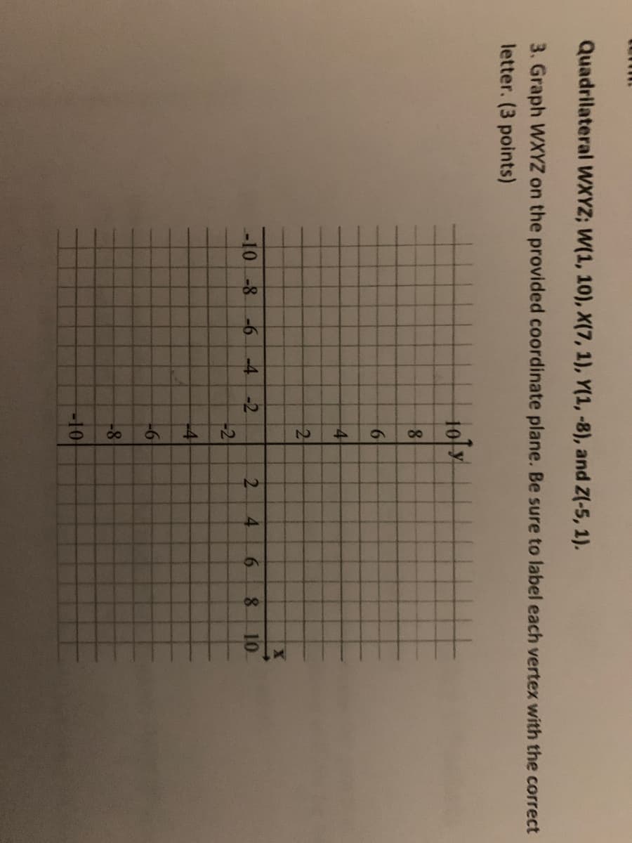 2,
91
8.
Quadrilateral WXYZ; W(1, 10), X(7, 1), Y(1, -8), and Z(-5, 1).
3. Graph WXYZ on the provided coordinate plane. Be sure to label each vertex with the correct
letter. (3 points)
8.
6.
-4
2
-10 -8
-6
-4 -2
4.
10
-2
-4
9-
-8
-10
