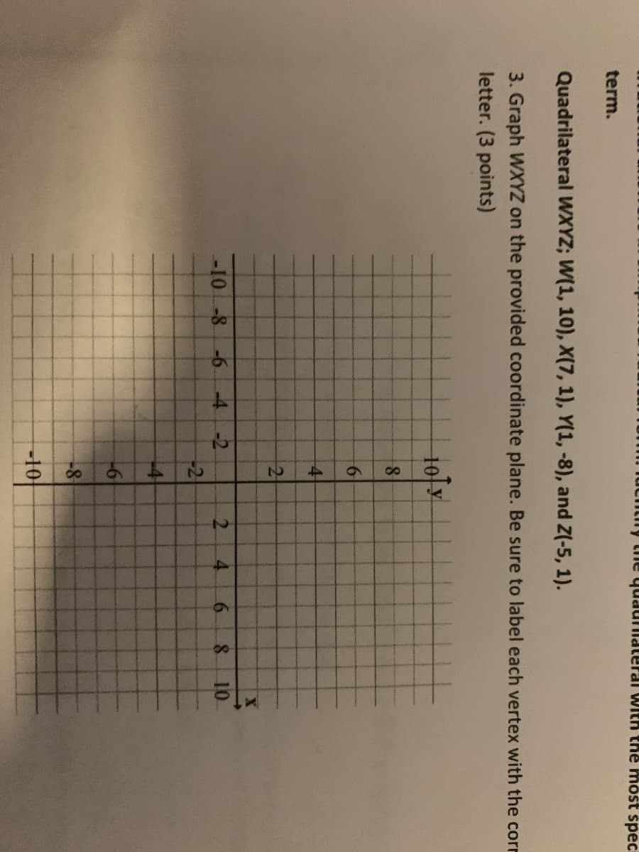 41
n lucitiny the quauiateral with the möst spec
term.
Quadrilateral WXYZ; W(1, 10), X(7, 1), Y(1, -8), and Z(-5, 1).
3. Graph WXYZ on the provided coordinate plane. Be sure to label each vertex with the corr
letter. (3 points)
10
4
-10-8 -6-4
-2
2.
8.
10
-2
-4
-6
-8
-10
