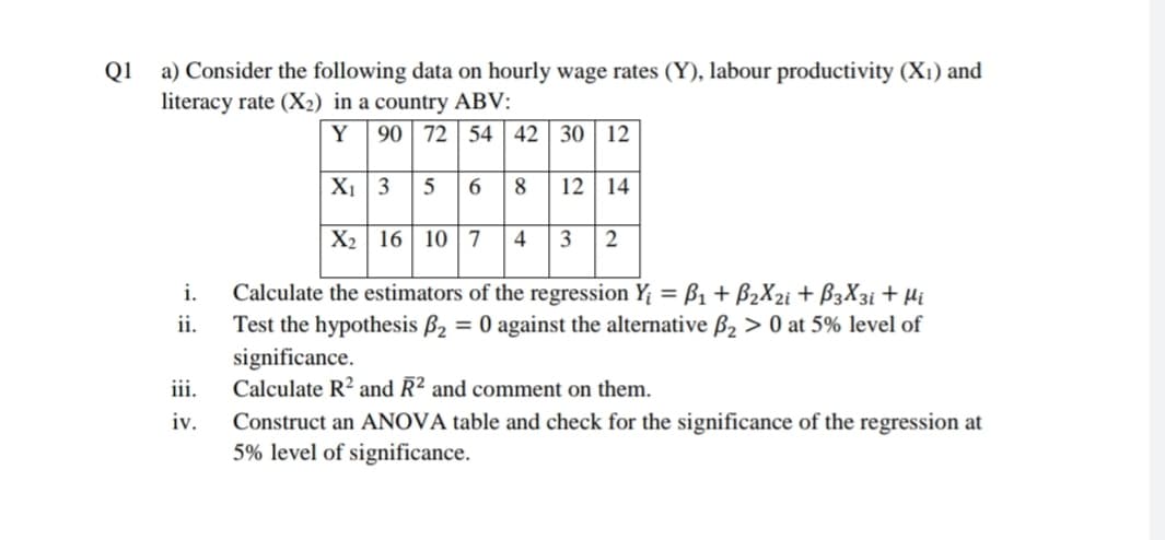 Q1
a) Consider the following data on hourly wage rates (Y), labour productivity (Xi) and
literacy rate (X2) in a country ABV:
Y 90 72 54 42 30 12
XI 3 5 6 8 12 14
16 10 7 4
X2 3 2
Calculate the estimators of the regression Y; = ß1 + B2X2i + B3X3¡ + Hi
Test the hypothesis B2 = 0 against the alternative ß2 > 0 at 5% level of
significance.
Calculate R² and R² and comment on them.
i.
ii.
iii.
Construct an ANOVA table and check for the significance of the regression at
5% level of significance.
iv.
