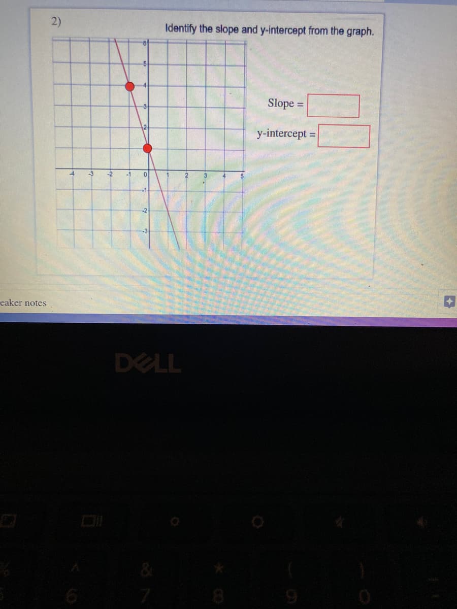 2)
Identify the slope and y-intercept from the graph.
5
Slope =
y-intercept =
-3
-2
-1
+1
-2
eaker notes
DELL
