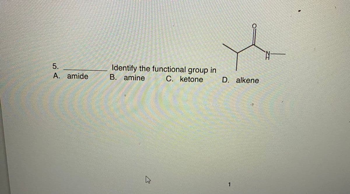 5.
A. amide
Identify the functional group in
C. ketone
B. amine
پہلے
D. alkene
N