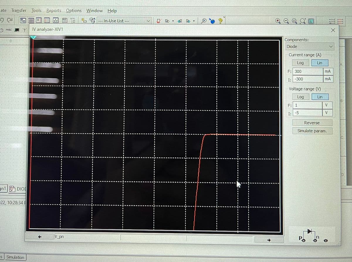 late Transfer Tools Reports Options Window Help
20
MISC
Y IV analyzer-XIV1
gn1 DIOD
170125
22, 10:28:34 F
s Simulation
V_pn
In-Use List
FLEEEE
C
41 4
T
@
Components:
Diode
Current range (A)
Log
Lin
F: 300
I:
-300
Voltage range (V)
Log
Lin
F: 1
I: -5
Reverse
P
Simulate param.
n
MA
CHRONIEN
MA
V
V
III
III