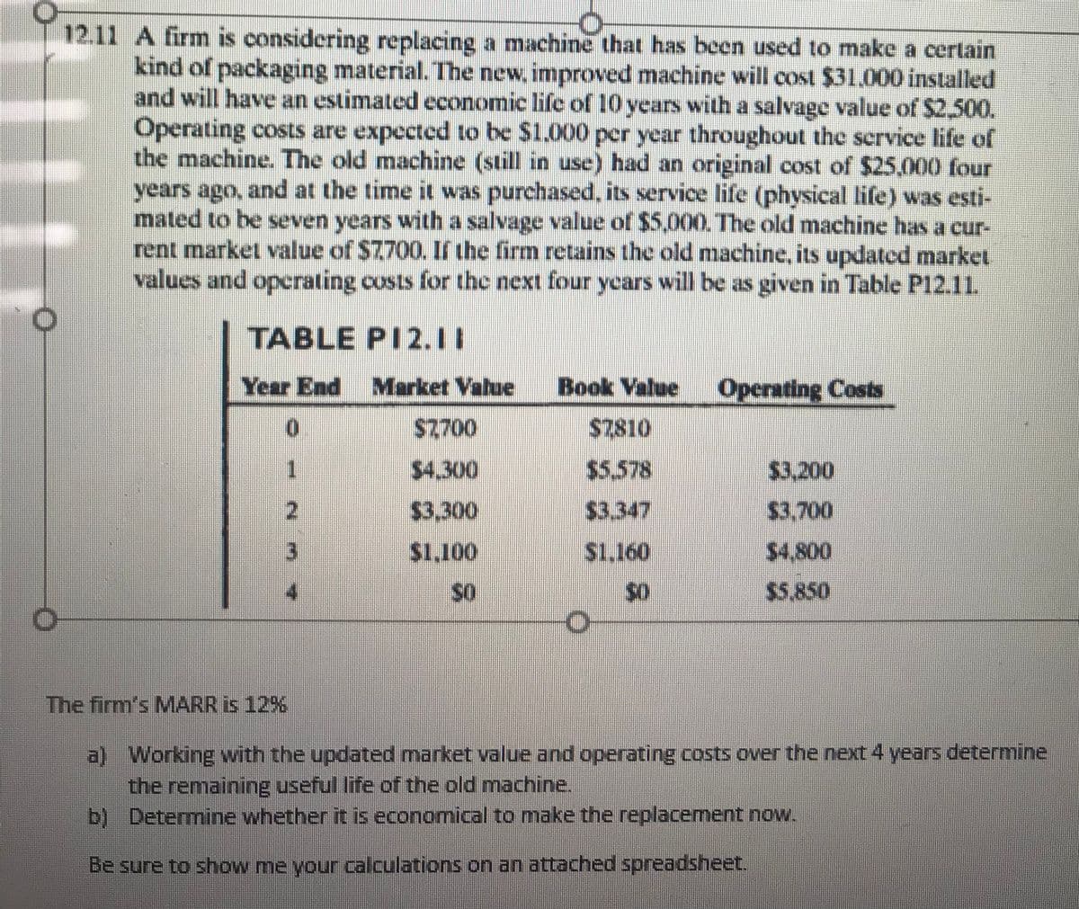 12.11 A firm is considering replacing a machine that has been used to make a certain
kind of packaging material. The new, improved machine will cost $31.000 installed
and will have an estimated economic life of 10 years with a salvage value of S2.500,
Operating costs are expected to be $1.000 per year throughout the scrvice life of
the machine. The old machine (still in use) had an original cost of $25,000 four
years ago, and at the time it was purchased, its service life (physical life) was esti-
mated to be seven years with a salvage value of $5.000. The old machine has a cur-
rent market value of $7700. If the firm retains the old machine. its updated market
values and operating costs for the next four years will be as given in Table P12.1.
TABLE PI2.11
Year End Market Value
Book Value
Operating Costs
0.
S7700
S2810
$4,300
$5.578
$3,200
2.
$3,300
$3.347
$3.700
3.
S1.100
S1.160
$4,800
s0
so
$5.850
The firm's MARR is 12%
a) Working with the updated market value and operating costs over the next 4 years determine
the remaining useful life of the old machine.
b) Determine whether it is economical to make the replacement now.
Be sure to show me your calculations on an attached spreadsheet.
