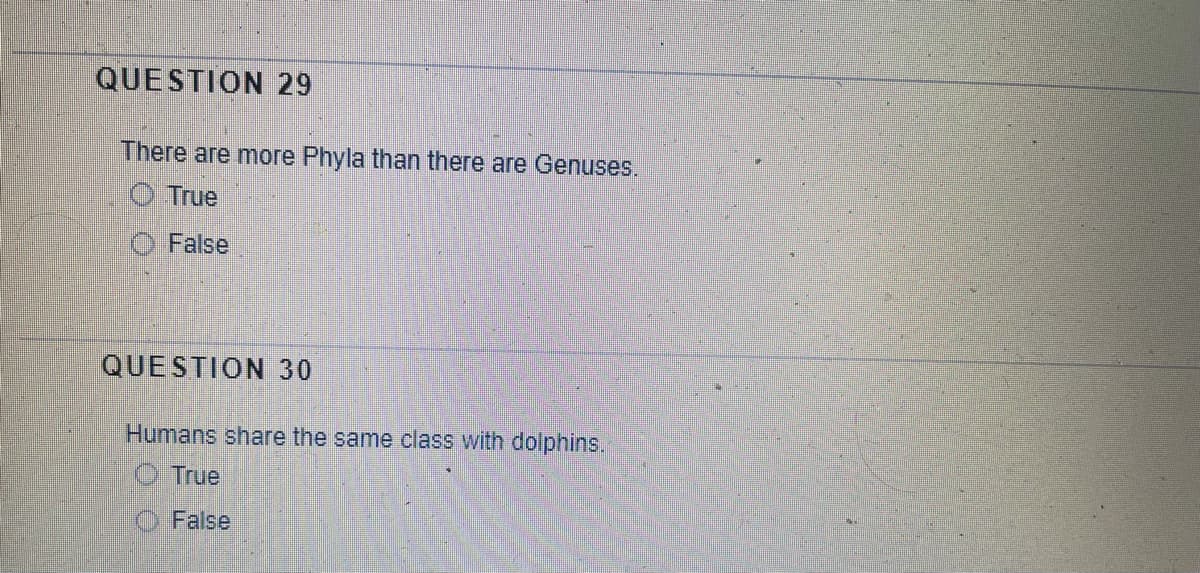 QUESTION 29
There are more Phyla than there are Genuses.
O True
O False
QUE STION 30
Humans share the same class with dolphins.
True
False
