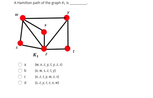 A Hamilton path of the graph K, is
a
(w, х, 2, у, t, у, z, 5)
(x, W, S, z, t, y)
(X, z, t, y, w, z, s)
d
(S, z, y, t, z, x, w)
O000
