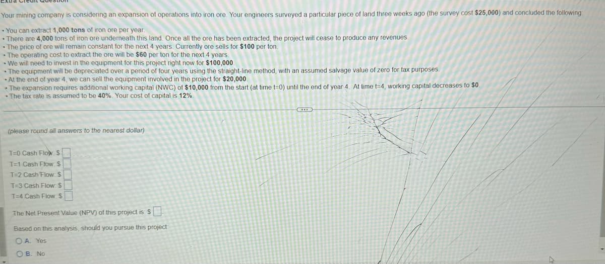 Your mining company is considering an expansion of operations into iron ore. Your engineers surveyed a particular piece of land three weeks ago (the survey cost $25,000) and concluded the following:
• You can extract 1,000 tons of iron ore per year.
• There are 4,000 tons of iron ore underneath this land. Once all the ore has been extracted, the project will cease to produce any revenues.
• The price of ore will remain constant for the next 4 years. Currently ore sells for $100 per ton.
• The operating cost to extract the ore will be $60 per ton for the next 4 years.
.
• We will need to invest in the equipment for this project right now for $100,000.
.
mention
The equipment will be depreciated over a period of four years using the straight-line method, with an assumed salvage value of zero for tax purposes.
At the end of year 4, we can sell the equipment involved in the project for $20,000.
The expansion requires additional working capital (NWC) of $10,000 from the start (at time t=0) until the end of year 4. At time t-4, working capital decreases to $0.
• The tax rate is assumed to be 40%. Your cost of capital is 12%.
(please round all answers to the nearest dollar)
T=0 Cash Flow S
T=1 Cash Flow: S
T-2 Cash Flow: S
T=3 Cash Flow: $
T=4 Cash Flow: S
The Net Present Value (NPV) of this project is: $
Based on this analysis, should you pursue this project:
OA. Yes
OB. No