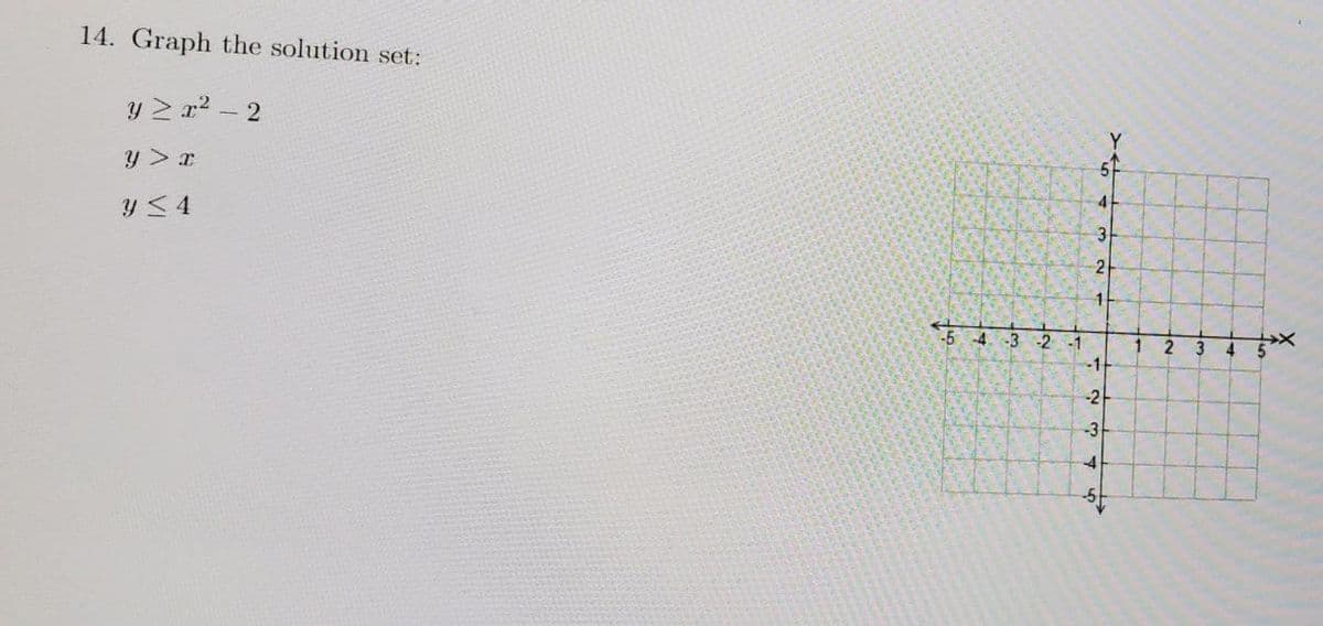 14. Graph the solution set:
y≥ r²-2
y > x
Y ≤ 4
5 4 -3 -2 -1
5
3
2
1
-1
-2
-3
4
>
4
-
7
1
2
3
4
5