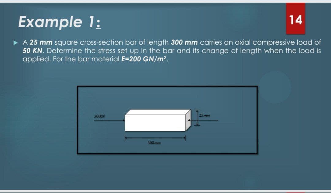 14
Example 1:
• A 25 mm square cross-section bar of length 300 mm carries an axial compressive load of
50 KN. Determine the stress set up in the bar and its change of length when the load is
applied. For the bar material E=200 GN/m2.
25 mm
50 KN
300mm
