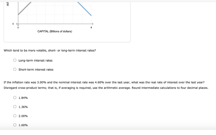 CAPITAL (Billions of dollars)
Which tend to be more volatile, short- or long-term interest rates?
Long-term interest rates
Short-term interest rates
If the inflation rate was 3.00% and the nominal interest rate was 4.60% over the last year, what was the real rate of interest over the last year?
Disregard cross-product terms; that is, if averaging is required, use the arithmetic average. Round intermediate calculations to four decimal places.
O 1.84%
O 1.36%
2.00%
O 1.60%
INI
