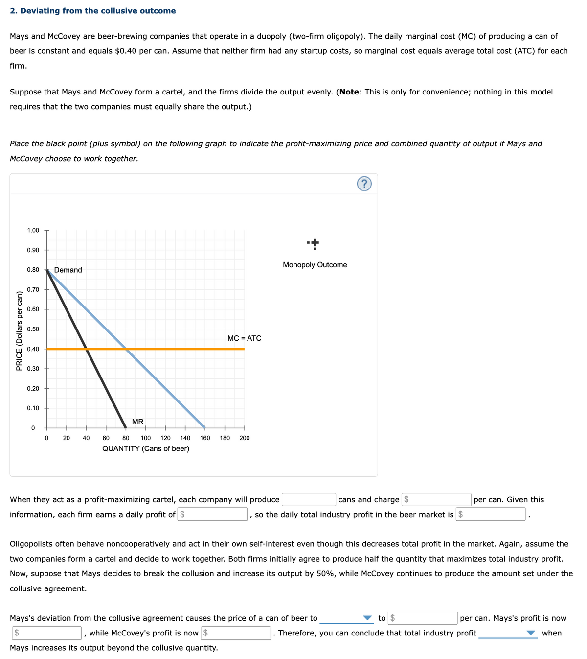 2. Deviating from the collusive outcome
Mays and McCovey are beer-brewing companies that operate in a duopoly (two-firm oligopoly). The daily marginal cost (MC) of producing a can of
beer is constant and equals $0.40 per can. Assume that neither firm had any startup costs, so marginal cost equals average total cost (ATC) for each
firm.
Suppose that Mays and McCovey form a cartel, and the firms divide the output evenly. (Note: This is only for convenience; nothing in this model
requires that the two companies must equally share the output.)
Place the black point (plus symbol) on the following graph to indicate the profit-maximizing price and combined quantity of output if Mays and
McCovey choose to work together.
PRICE (Dollars per can)
1.00
0.90
0.80
0.70
0.60
0.50
0.40
0.30
0.20
0.10
0
+
0
Demand
20
40
MR
MC = ATC
60 80 100 120 140 160 180 200
QUANTITY (Cans of beer)
When they act as a profit-maximizing cartel, each company will produce
information, each firm earns a daily profit of $
Monopoly Outcome
cans and charge $
, so the daily total industry profit in the beer market is $
per can. Given this
Oligopolists often behave noncooperatively and act in their own self-interest even though this decreases total profit in the market. Again, assume the
two companies form a cartel and decide to work together. Both firms initially agree to produce half the quantity that maximizes total industry profit.
Now, suppose that Mays decides to break the collusion and increase its output by 50%, while McCovey continues to produce the amount set under the
collusive agreement.
Mays's deviation from the collusive agreement causes the price of a can of beer to
while McCovey's profit is now $
Mays increases its output beyond the collusive quantity.
to $
Therefore, you can conclude that total industry profit
per can. Mays's profit is now
when