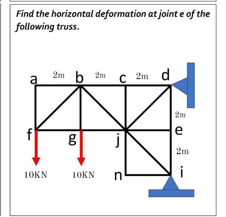 Find the horizontal deformation at joint e of the
following truss.
2m b 2m
2m d
2m
e
2m
10KN
1ОKN
-
