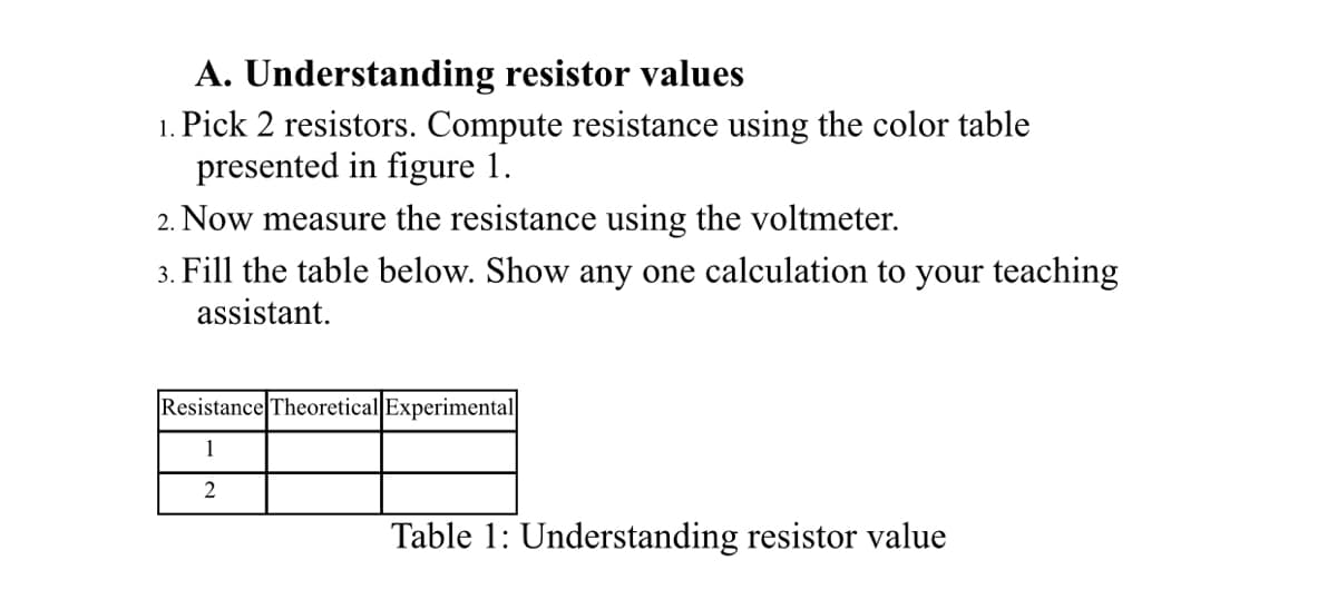 A. Understanding resistor values
1. Pick 2 resistors. Compute resistance using the color table
presented in figure 1.
2. Now measure the resistance using the voltmeter.
3. Fill the table below. Show any one calculation to your teaching
assistant.
Resistance Theoretical Experimental
1
2
Table 1: Understanding resistor value
