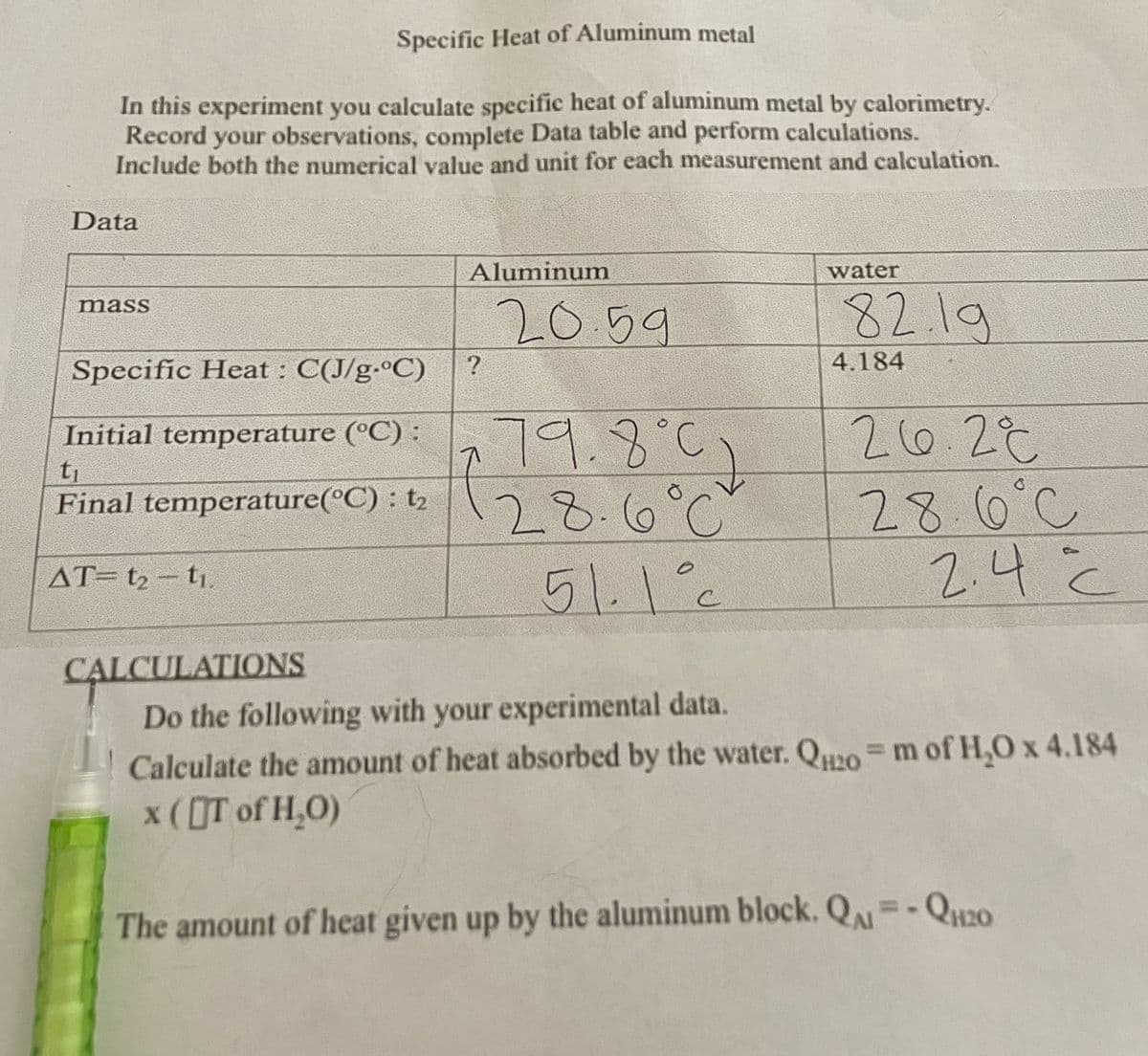 Specific Heat of Aluminum metal
In this experiment you calculate specific heat of aluminum metal by calorimetry.
Record your observations, complete Data table and perform calculations.
Include both the numerical value and unit for each measurement and calculation.
Data
mass
Specific Heat: C(J/g °C)
Initial temperature (°C):
t₁
Final temperature
(°C): t₂
AT-t₂-t₁.
CALCULATIONS
Aluminum
?
20.59
+79.8°C)
28.6°C
51.1°c
water
82.19
4.184
26.2%
28.6°C
2.4
ماهان
Do the following with your experimental data.
Calculate the amount of heat absorbed by the water. QH20 = m of H₂O x 4.184
x (T of H₂O)
The amount of heat given up by the aluminum block. QA = -QH₂0
120