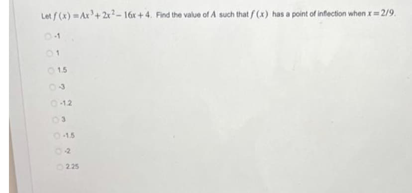 Let f(x)=Ax³+2x²-16x +4. Find the value of A such that f(x) has a point of inflection when x = 2/9.
01
1.5
0-1.2
03
-1.5
0-2
2.25