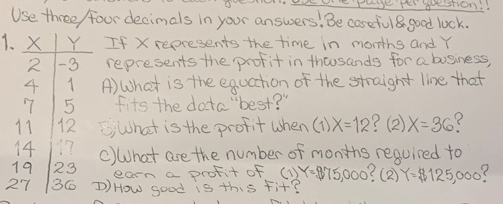 per
Use three /four decimals in your answers! Be careful & good luck.
1. XY If X represents the time in months and Y
represents the profit in thousands for a business,
A) What is the equation of the straight line that
fits the data best?"
ANTECION
2-3
4
7
1
5
11
12 What is the profit when (1) X=12? (2)X=36?
14 17 c) What are the number of months required to
earn a profit of (1) Y=$75,000? (2) Y-$125,000?
27 36 D) How good is this Fit?
19
23
M