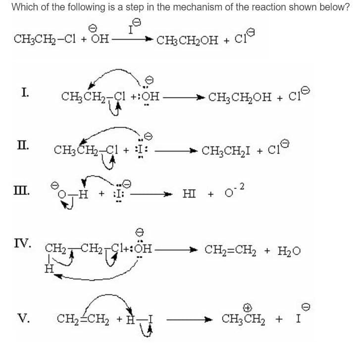 Which of the following is a step in the mechanism of the reaction shown below?
Ө
CH3CH2-C1+ OH
مر
CH3CH2OH +
I.
CH₂CH₂
CH3CH2C1 +:OH
CH₂CH₂OH + CI
II.
CH3CH2-C1 + :I
CH3CH₂I + CI
cie
III.
-H +
HI +
0-2
Ө
IV.
CH2 CH2 C1+:OH-
H
V.
CH2=CH2 + H
+h}
CH2=CH2 + H₂O
+
CH3CH2 + I