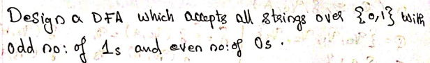 Design
a DFA which atepts all staings
over {0,13 with
odd no:
:of 1s aud even no:f Os ·
no: of Os .
