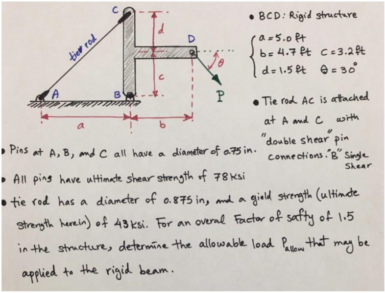 • BCD: Rigid structure
a =5.0 ft
b=4.7 Pt c= 3.2 ft
d= 1.5 ft e = 3°
tier rod
B
• Tie rod Ac is attached
a
at A and C with
» Pins at A, B, nd C all have a diameter of 0.75 in.
double shear pin
connections. B Single
• All pins have ultimate shear strength of 78 Ksi
Shear
• tie rod has a diameter of o.875 in, nd a
gield strength (ultimate
strength herein) of 43 ksi. For an overal Factor of safty of 1.5
in the structure, determine the allowable load P that
'allow
may be
applied to the rigid beam.
