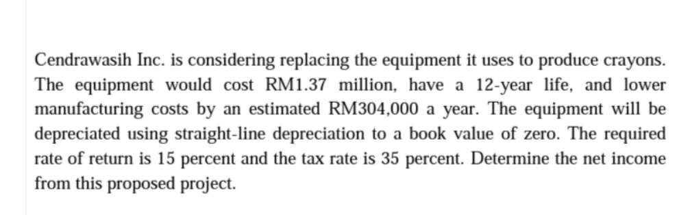 Cendrawasih Inc. is considering replacing the equipment it uses to produce crayons.
The equipment would cost RM1.37 million, have a 12-year life, and lower
manufacturing costs by an estimated RM304,000 a year. The equipment will be
depreciated using straight-line depreciation to a book value of zero. The required
rate of return is 15 percent and the tax rate is 35 percent. Determine the net income
from this proposed project.
