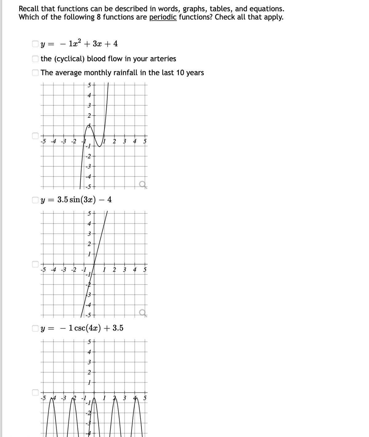 Recall that functions can be described in words, graphs, tables, and equations.
Which of the following 8 functions are periodic functions? Check all that apply.
Oy =
lx? + 3x + 4
O the (cyclical) blood flow in your arteries
O The average monthly rainfall in the last 10 years
5-
4
3
-5 -4 -3 -2
2
3
4
5
-2
-3
-4
-5+
у 3 3.5 sin(3а) — 4
5+
4
2
3 4
-5 -4 -3 -2 -1
-1
-2
3
-4
-5+
Oy =
1 csc(4x) + 3.5
5+
4
-5 A4 -3 A2
to
