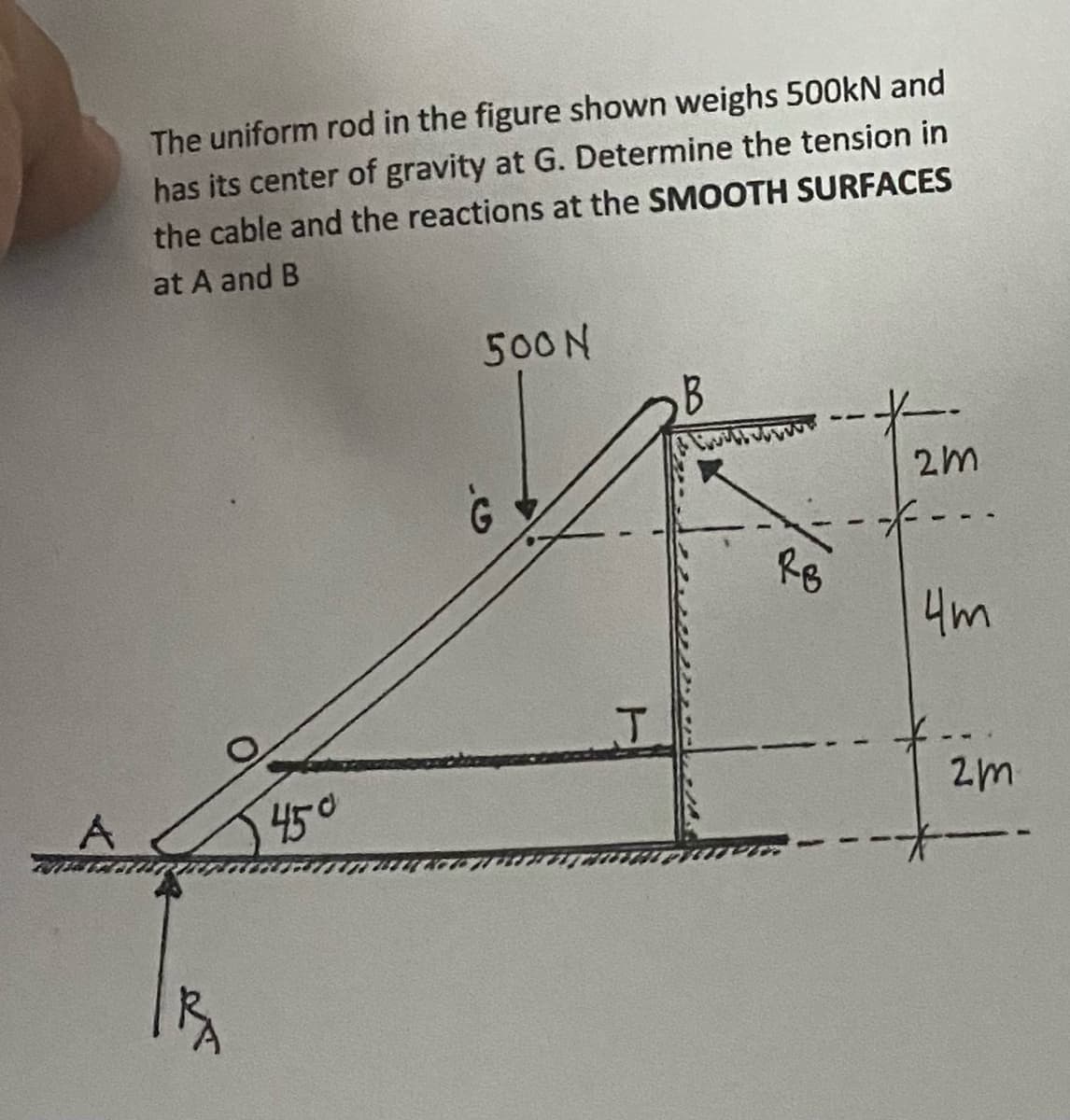 The uniform rod in the figure shown weighs 500kN and
has its center of gravity at G. Determine the tension in
the cable and the reactions at the SMOOTH SURFACES
at A and B
R
450
500 N
T
B
RB
-1
2m
4m
2m