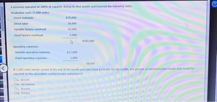 A business operated at 100% of capacity during its first month and incurred the following costs:
Production costs (5,000 units):
Direct materials
Direct labor
Variable factory overhead
Fixed factory overhead
Operating expenses:
Variable operating expenses
Fixed operating expenses
$70,000
20,000
10,000
2,000
D
Oa. 350.000
Ob. not reported
Oc. 154.000
Od. 170.000
$17,000
1,000
$102,000
18,000
If 1,000 units remain unsold at the end of the month and sales total $150,000 for the month, the amount of manufacturing margin that would be
reported on the absorption costing income statement is