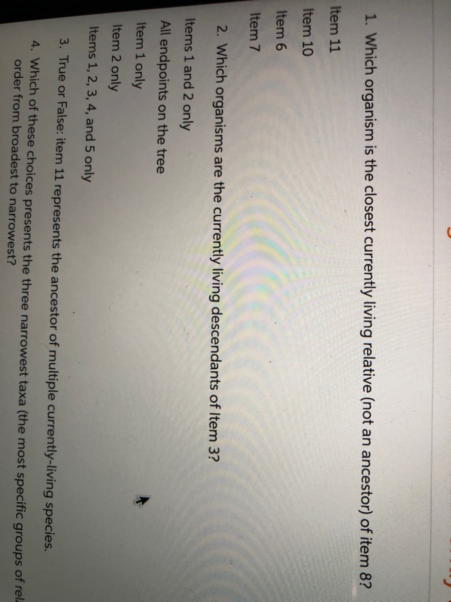 1. Which organism is the closest currently living relative (not an ancestor) of item 8?
Item 11
Item 10
Ca
Item 6
Item 7
2. Which organisms are the currently living descendants of Item 3?
Items 1 and 2 only
All endpoints on the tree
Item 1 only
Item 2 only
Items 1, 2, 3, 4, and 5 only
3. True or False: item 11 represents the ancestor of multiple currently-living species.
4. Which of these choices presents the three narrowest taxa (the most specific groups of rela
order from broadest to narrowest?
