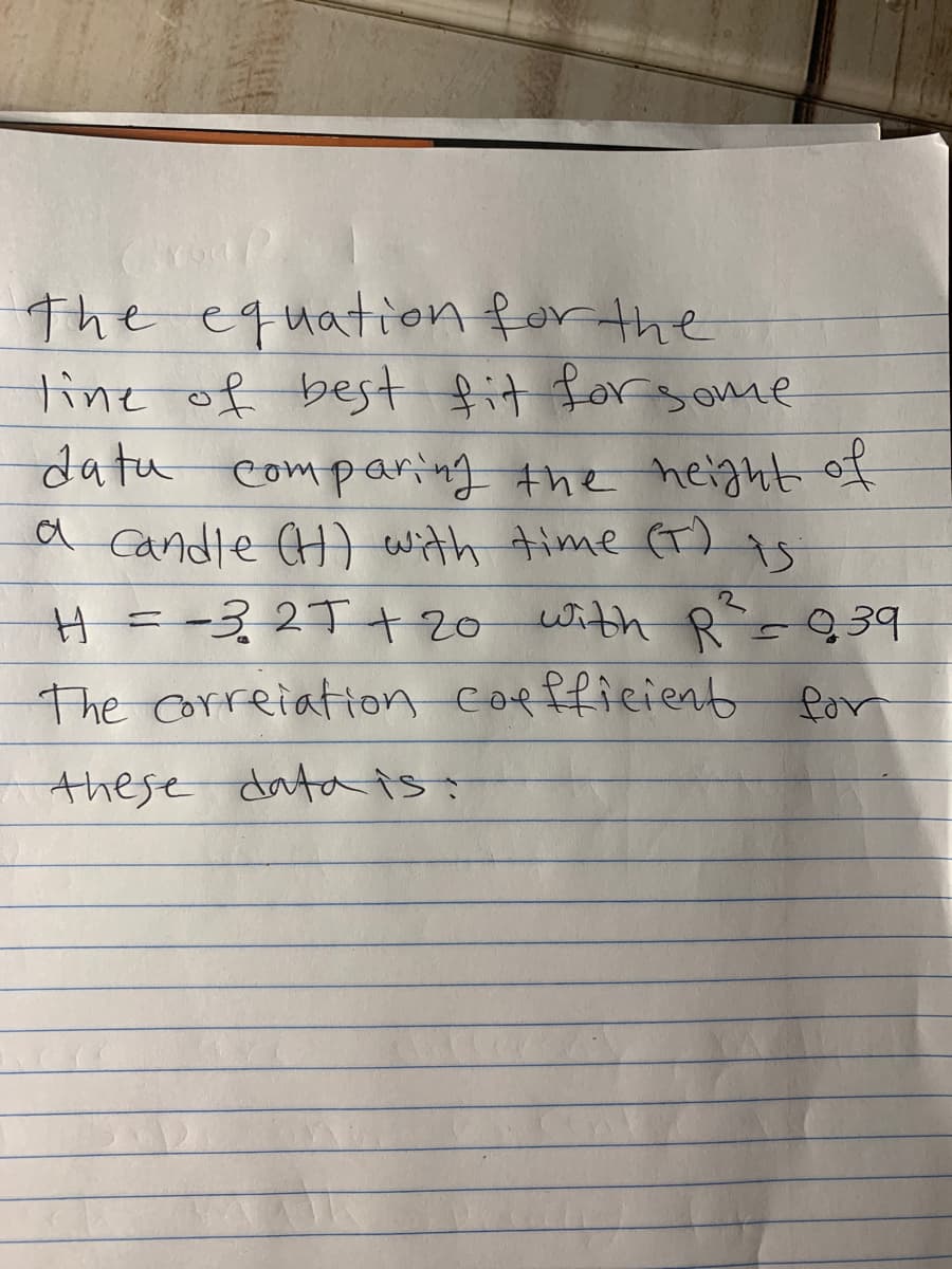 The equationfor the
tine of bestt fit forsone
datu comparing the height
a candle H) with time (T)
H=-3,2T+20 with R-939
The Correiation cofffieieat for
these dato is?
