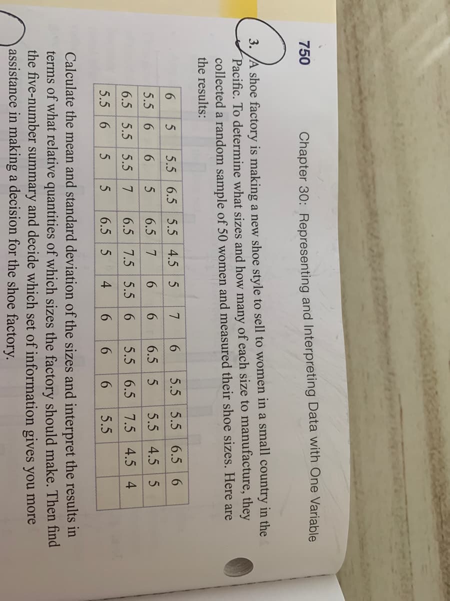 750
Chapter 30: Representing and Interpreting Data with One Variable
3. JA shoe factory is making a new shoe style to sell to women in a small country in the
Pacific. To determine what sizes and how many of each size to manufacture, they
collected a random sample of 50 women and measured their shoe sizes. Here are
the results:
5.5 6.5 5.5 4.5 5
6.
5.5 5.5 6.5 6
5.5 4.5 5
6.
5.5 6
6.
5
6.5 7
6.
6.5 5
6.5 5.5 5.5 7
6.5 7.5 5.5 6
5.5
6.5 7.5 4.5 4
5.5 6
5
5
6.5 5
4
6.
5.5
Calculate the mean and standard deviation of the sizes and interpret the results in
terms of what relative quantities of which sizes the factory should make. Then find
the five-number summary and decide which set of information gives you more
assistance in making a decision for the shoe factory.
