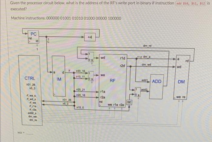 Given the processor circuit below, what is the address of the RF's write port in binary if instruction add Sto, sti, st2 is
executed?
Machine instructions: 000000 01001 01010 01000 00000 100000
PC
+4
rst
Id
dm_rd
wd
112 dm a
Os
a
rd
r2d
dm wd
wd
20 16
wa
CTRL
IM
15 11
RF
addt ADD
DM
31 26
irs_0
125_21
add2
rla
20 16
os
_wa_s
t_wd_s
f_we
r2a
we re
ir31 26
ir5 0
rst
we rie r2e
SE
ir15 0
add2
dm we
dm re
wa-
