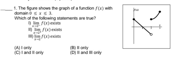 1. The figure shows the graph of a function f(x) with
domain 0 ≤ x ≤ 3.
Which of the following statements are true?
1) lim f(x) exists
x-2-
II) lim f(x) exists
x-2+
) lim f(x) exists
x-2
(B) II only
(A) I only
(C) I and II only
(D) II and III only
ko