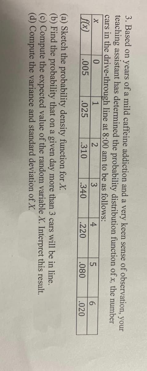 3. Based on years of a mild caffeine addiction and a very keen sense of observation, your
teaching assistant has determined the probability distribution function of x, the number
cars in the drive-through line at 8:00 am to be as follows:
X
2
3
f(x)
.310
.340
0
.005
1
.025
4
.220
5
.080
(a) Sketch the probability density function for X.
(b) Find the probability that on a given day more than 3 cars will be in line.
(c) Compute the expected value of the random variable X. Interpret this result.
(d) Compute the variance and standard deviation of X.
6
.020