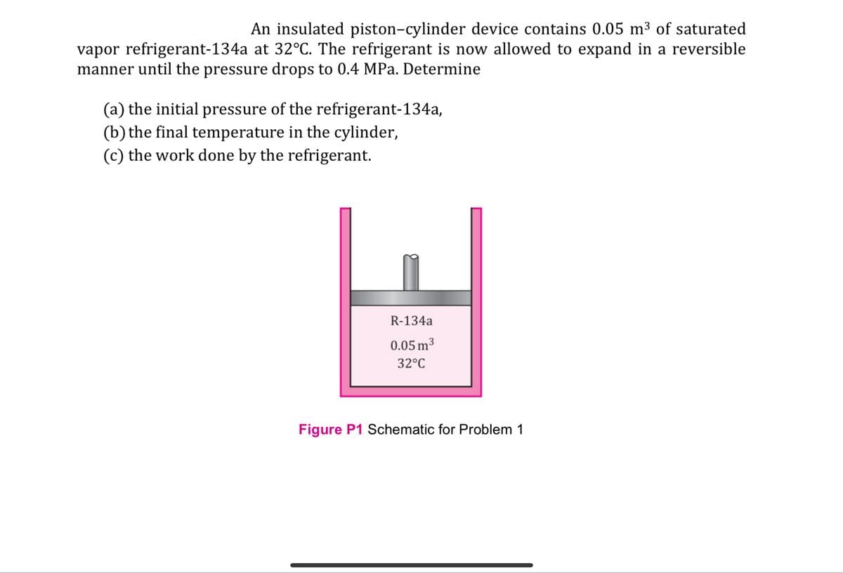 An insulated piston-cylinder device contains 0.05 m³ of saturated
vapor refrigerant-134a at 32°C. The refrigerant is now allowed to expand in a reversible
manner until the pressure drops to 0.4 MPa. Determine
(a) the initial pressure of the refrigerant-134a,
(b) the final temperature in the cylinder,
(c) the work done by the refrigerant.
R-134a
3
0.05 m³
32°C
Figure P1 Schematic for Problem 1