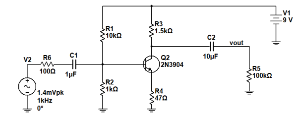 V2 R6
10002
1.4mVpk
1kHz
0°
C1
HH
1µF
R1
10k
R2
1kQ
R3
1.5kQ
Q2
2N3904
R4
470
wi
C2
HH
10μF
vout
R5
*100ΚΩ
_V1
-9 V