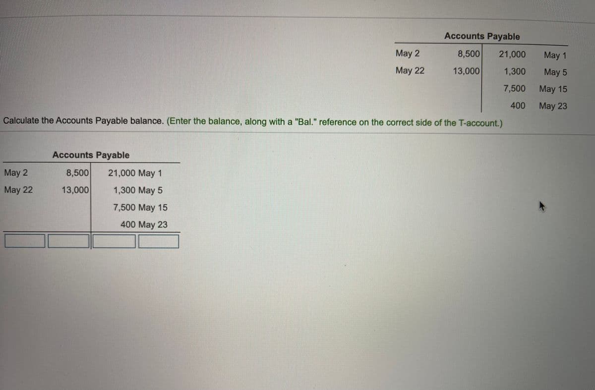 **Calculating Accounts Payable Balance**

To calculate the Accounts Payable balance, enter the balance along with a "Bal." reference on the correct side of the T-account.

**T-Account Summary: Accounts Payable**

| Date    | Debit |  | Date    | Credit  |
|---------|-------|--|---------|---------|
| May 2   | 8,500 |  | May 1   | 21,000  |
| May 22  | 13,000|  | May 5   | 1,300   |
|         |       |  | May 15  | 7,500   |
|         |       |  | May 23  | 400     |

### Analyzing the T-Account

**Debits:**
- May 2: 8,500
- May 22: 13,000

**Credits:**
- May 1: 21,000
- May 5: 1,300
- May 15: 7,500
- May 23: 400

### Calculating the Balance

**Total Debits:**
= 8,500 + 13,000
= 21,500

**Total Credits:**
= 21,000 + 1,300 + 7,500 + 400
= 30,200

**Accounts Payable Ending Balance:**
= Total Debits - Total Credits
= 21,500 - 30,200
= -8,700

The ending balance of Accounts Payable would be 8,700 on the credit side, indicating a credit balance.

This calculation reflects the total amount owed by the entity after accounting for all debits and credits within the given period.

**Note:**
In accounting, debits and credits are used to record all business transactions. In a T-account:
- The left side (debit) reflects what the company owes.
- The right side (credit) reflects payments or reductions in what the company owes.

**Educational Tip:**
Understanding T-accounts and the effect of debits and credits on each account is essential for accurate financial accounting. Always double-check calculations to ensure all debits and credits are accounted for correctly.