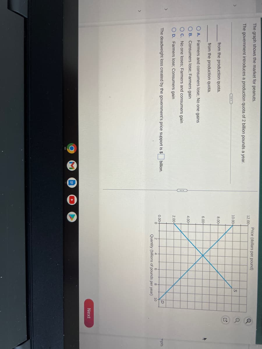 >
>
The graph shows the market for peanuts.
The government introduces a production quota of 2 billion pounds a year.
(...)
from the production quota.
from the production quota.
OA. Farmers and consumers lose; No one gains
OB. Consumers lose; Farmers gain
OC. No one loses; Farmers and consumers gain
OD. Farmers lose; Consumers gain
The deadweight loss created by the government's price support is $ billion.
12.00
10.00-
8.00-
6.00-
4.00-
2.00
0.00+
0
Price (dollars per pound)
S
Quantity (billions of pounds per year)
D
10
Q
RO
Next
mpts