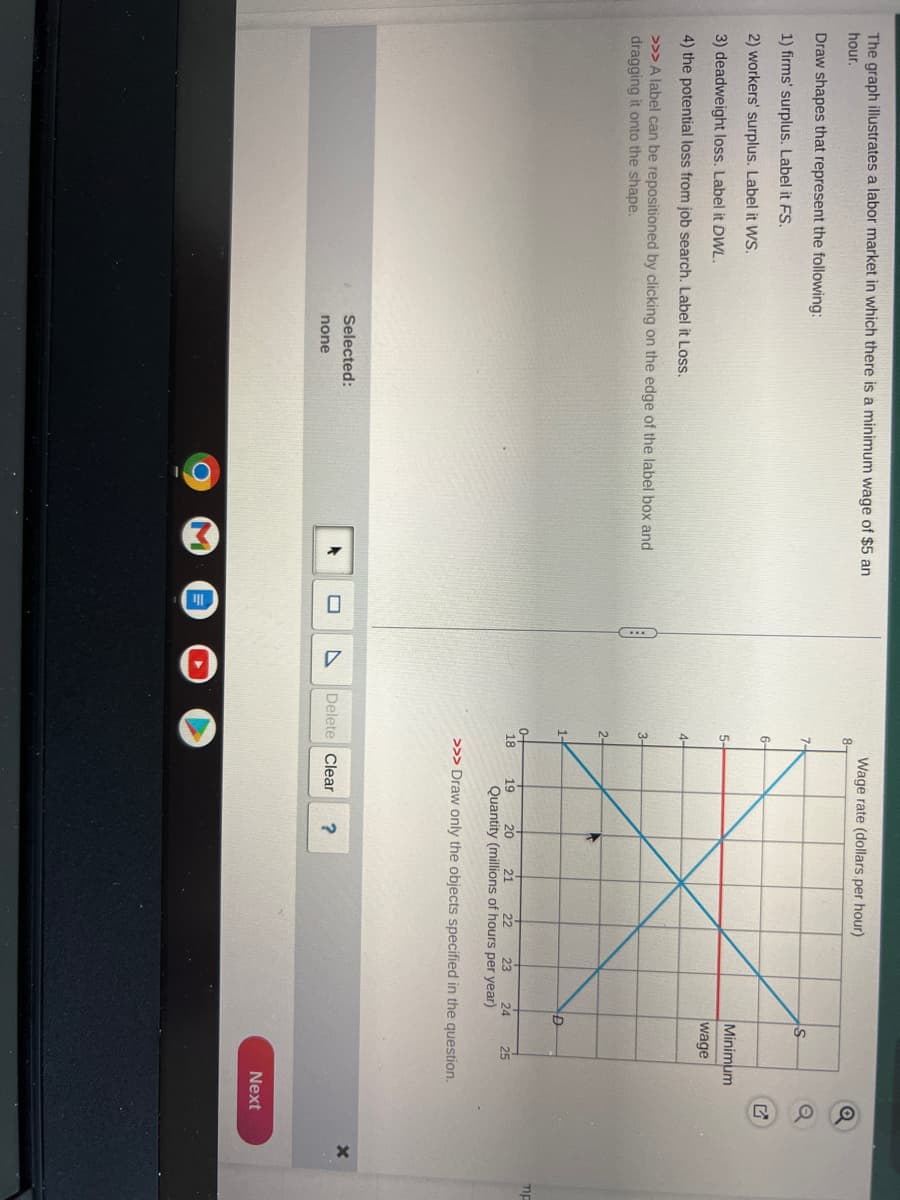 The graph illustrates a labor market in which there is a minimum wage of $5 an
hour.
Draw shapes that represent the following:
1) firms' surplus. Label it FS.
2) workers' surplus. Label it WS.
3) deadweight loss. Label it DWL.
4) the potential loss from job search. Label it Loss.
>>> A label can be repositioned by clicking on the edge of the label box and
dragging it onto the shape.
Selected:
none
8-
7-
6-
5-
4-
3-
2-
1-
Wage rate (dollars per hour)
18
19
4
A Delete Clear
23
24
20 21
Quantity (millions of hours per year)
>>> Draw only the objects specified in the question.
S
?
Minimum
wage
D
25
SOU
Next
ME