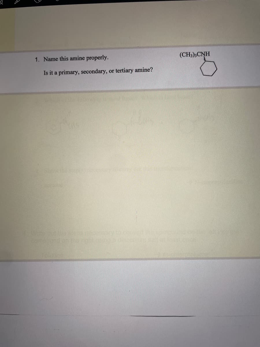 d
1. Name this amine properly.
Is it a primary, secondary, or tertiary amine?
(CH3)3CNH