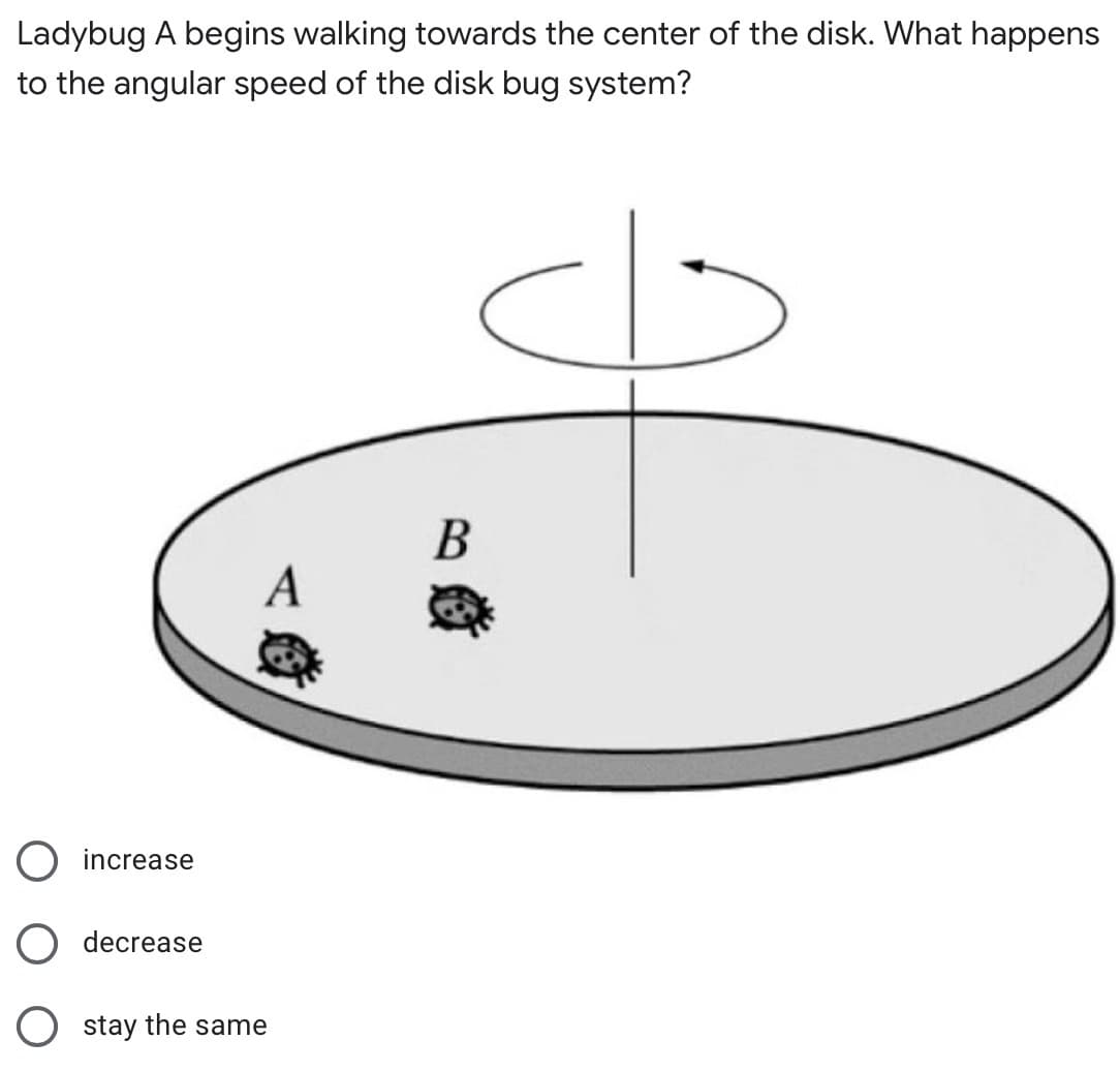 Ladybug A begins walking towards the center of the disk. What happens
to the angular speed of the disk bug system?
В
A
O increase
decrease
stay the same
