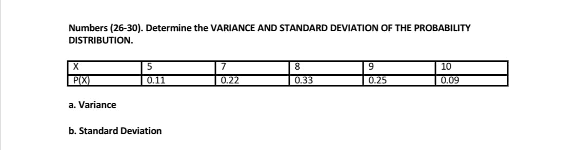 Numbers (26-30). Determine the VARIANCE AND STANDARD DEVIATION OF THE PROBABILITY
DISTRIBUTION.
X
P(X)
a. Variance
5
0.11
b. Standard Deviation
7
0.22
8
0.33
9
0.25
10
0.09