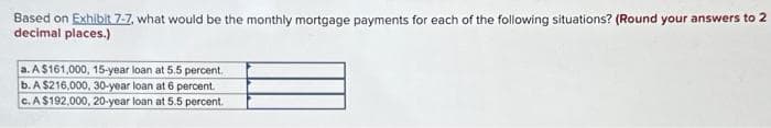 Based on Exhibit 7-7, what would be the monthly mortgage payments for each of the following situations? (Round your answers to 2
decimal places.)
a. A $161,000, 15-year loan at 5.5 percent.
b. A $216,000, 30-year loan at 6 percent.
c. A $192,000, 20-year loan at 5.5 percent.