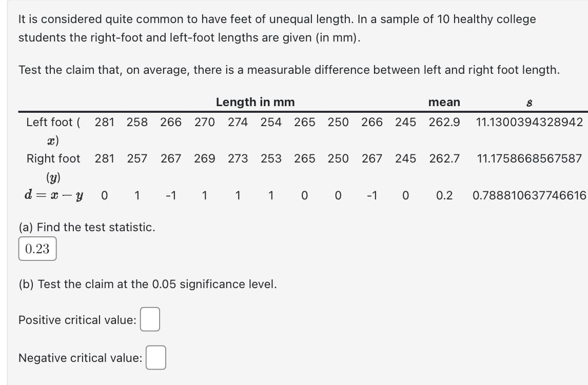 It is considered quite common to have feet of unequal length. In a sample of 10 healthy college
students the right-foot and left-foot lengths are given (in mm).
Test the claim that, on average, there is a measurable difference between left and right foot length.
Length in mm
mean
Left foot ( 281 258 266 270 274 254 265 250 266 245 262.9
x)
Right foot
(y)
d = x-
281 257 267 269 273 253 265 250 267 245 262.7
y 0
1
(a) Find the test statistic.
0.23
Positive critical value:
-1
Negative critical value:
1
1
(b) Test the claim at the 0.05 significance level.
1
0 0 -1 0
8
11.1300394328942
11.1758668567587
0.2 0.788810637746616